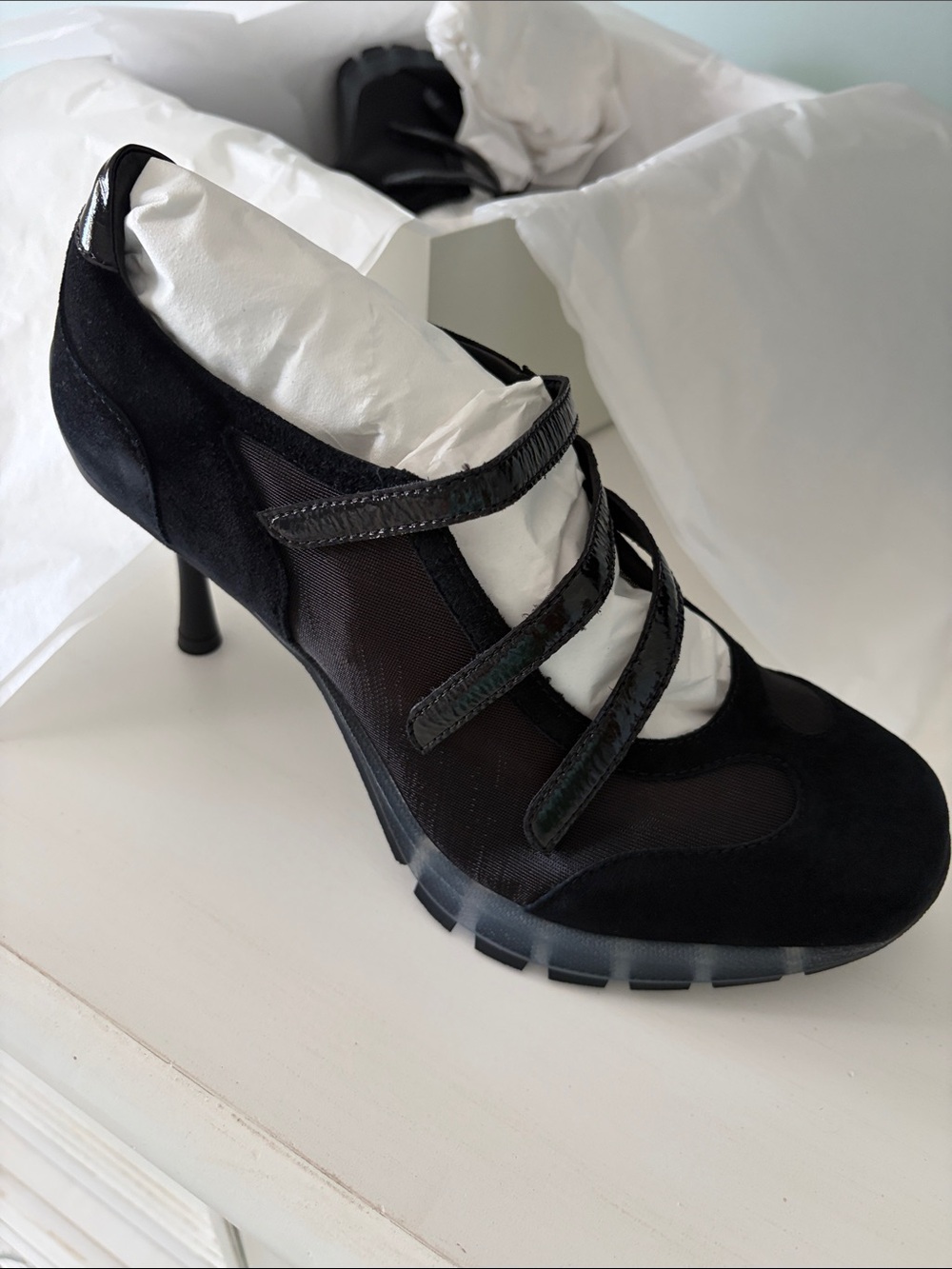Black Mesh and Patent-Strap High Heel Pump